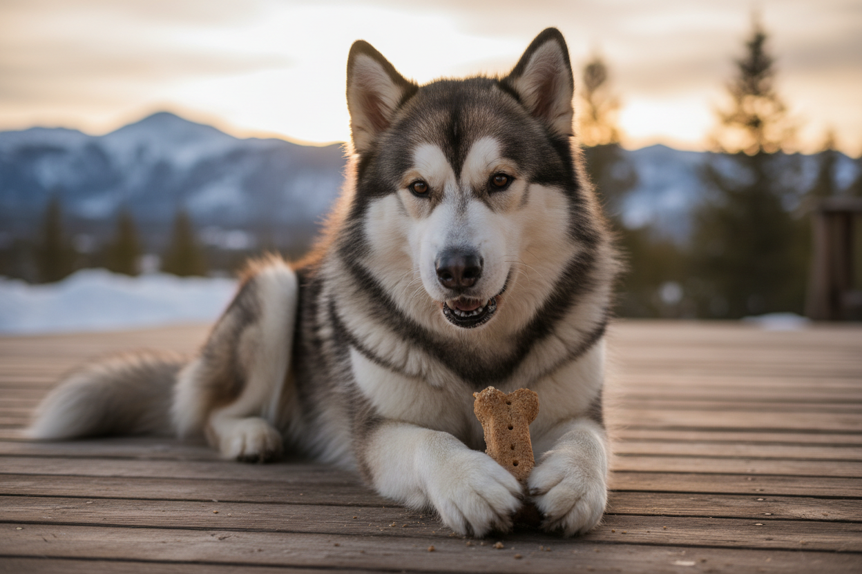 alaskan malamute eating treat