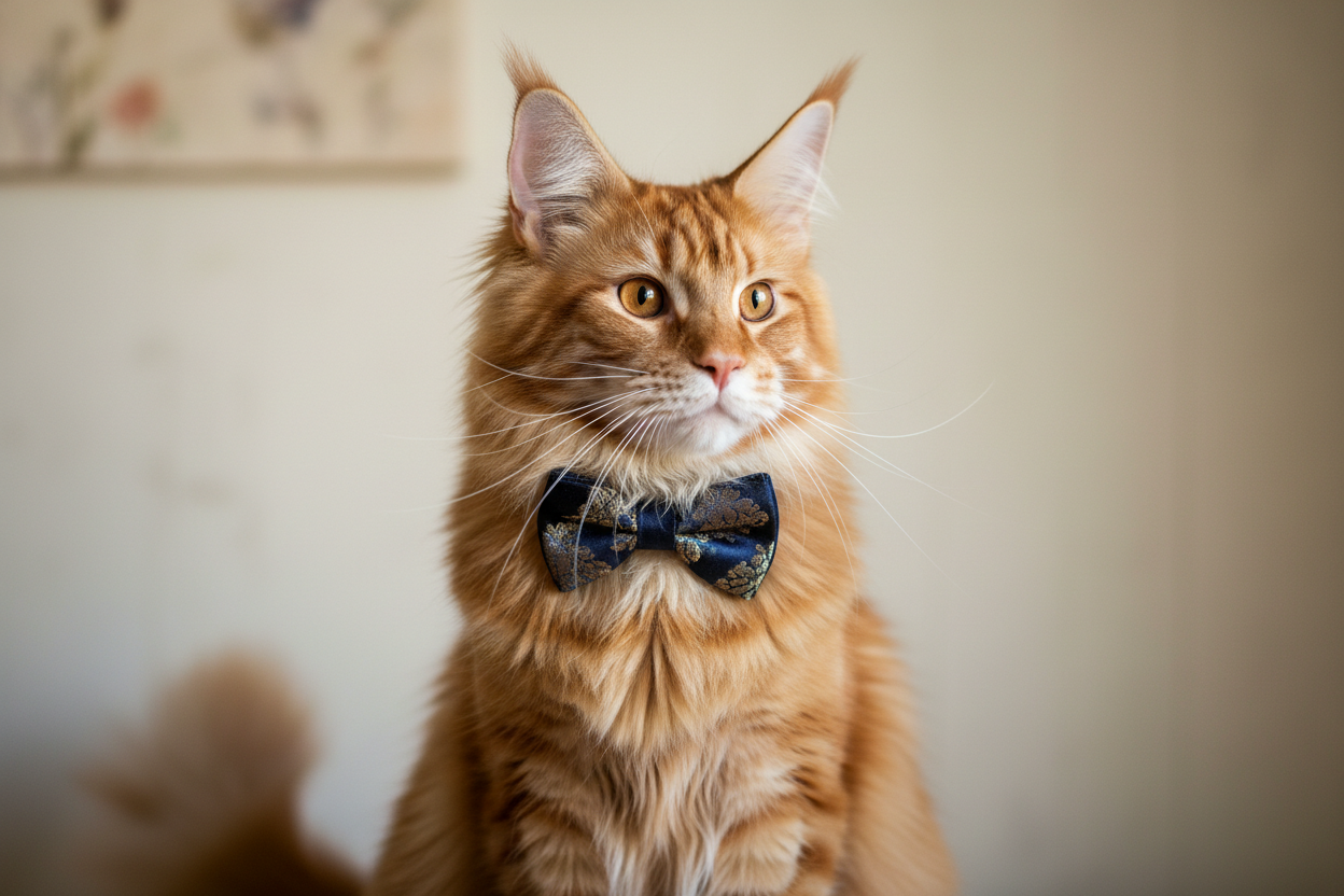 maine coon wearing bow tie. Ginger